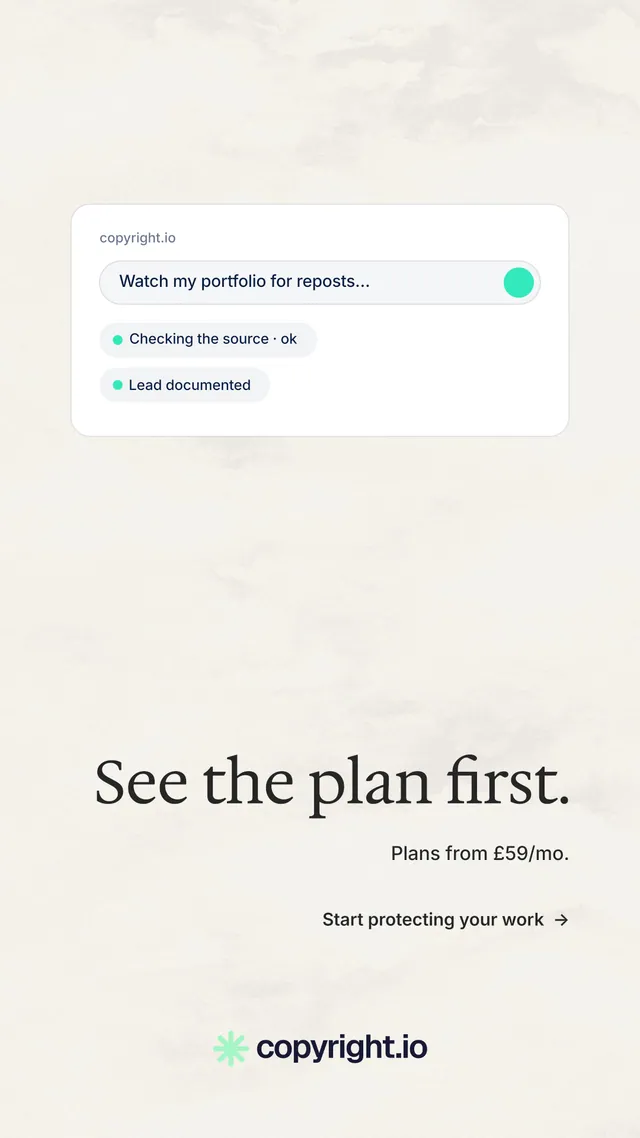 Instagram story for copyright.io: "See the plan first." Minimal luxury style, right layout, light palette in white.