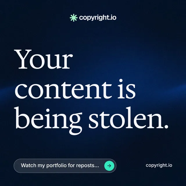 Instagram post for copyright.io: "Your content is being stolen." Agentic glass style, poster layout, dark palette in black, blue, grey.