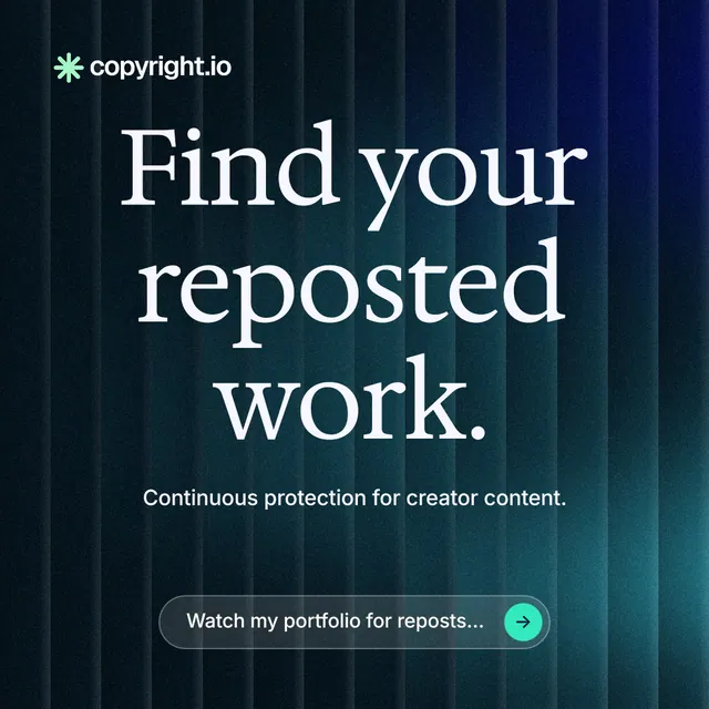 Instagram post for copyright.io: "Find your reposted work." Agentic glass style, centred layout, dark palette in blue, black, teal.