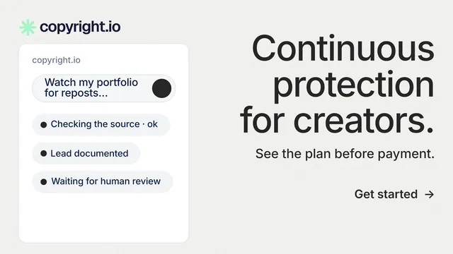 Landscape graphic for copyright.io: "Continuous protection for creators." Minimal luxury style, right layout, light palette in white, grey.