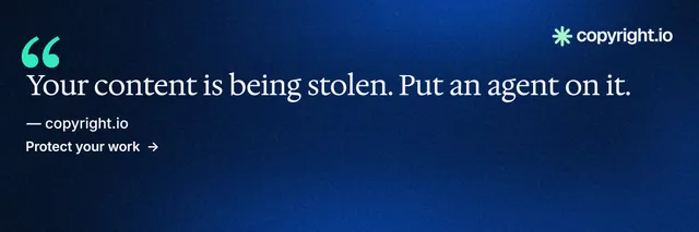 X header for copyright.io: "Evidence, documented." Minimal luxury style, quote layout, dark palette in blue, black.