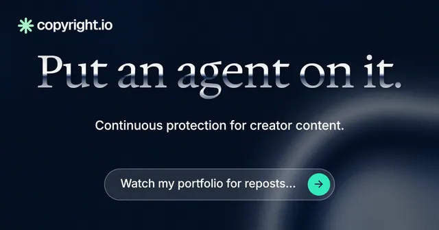 Social ad for copyright.io: "Put an agent on it." Agentic glass style, centred layout, dark palette in black, blue, grey.