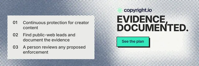 X header for copyright.io: "Evidence, documented." Brutalist style, skeleton layout, light palette in white, grey.