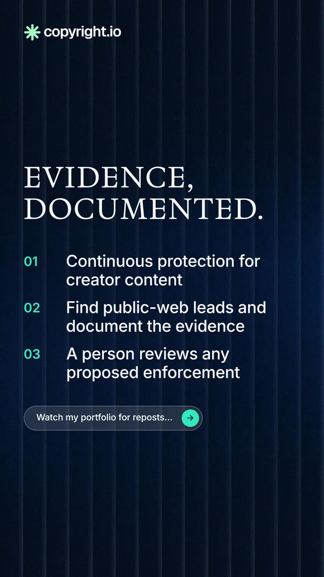 Instagram story for copyright.io: "Evidence, documented." Agentic glass style, numbered layout, dark palette in black, blue.