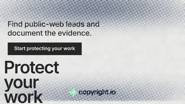 Landscape graphic for copyright.io: "Reposts don't remove themselves." Swiss style, oversized layout, light palette in grey, white.