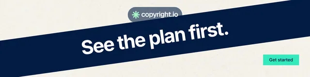 LinkedIn banner for copyright.io: "See the plan first." Swiss style, diagonal layout, light palette in white, blue.