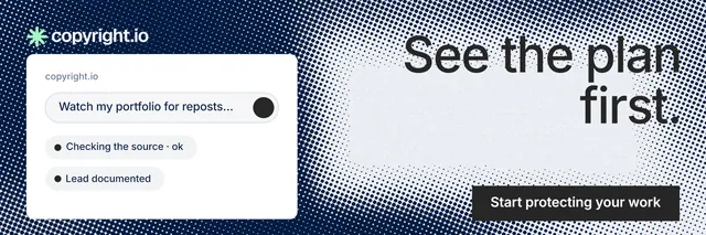 X header for copyright.io: "See the plan first." Retro print style, right layout, light palette in blue, grey, white.