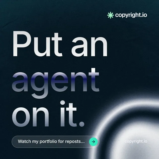 Instagram post for copyright.io: "Put an agent on it." Agentic glass style, poster layout, dark palette in black, blue, grey.