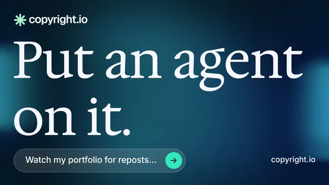 Landscape graphic for copyright.io: "Put an agent on it." Agentic glass style, poster layout, dark palette in blue, black.