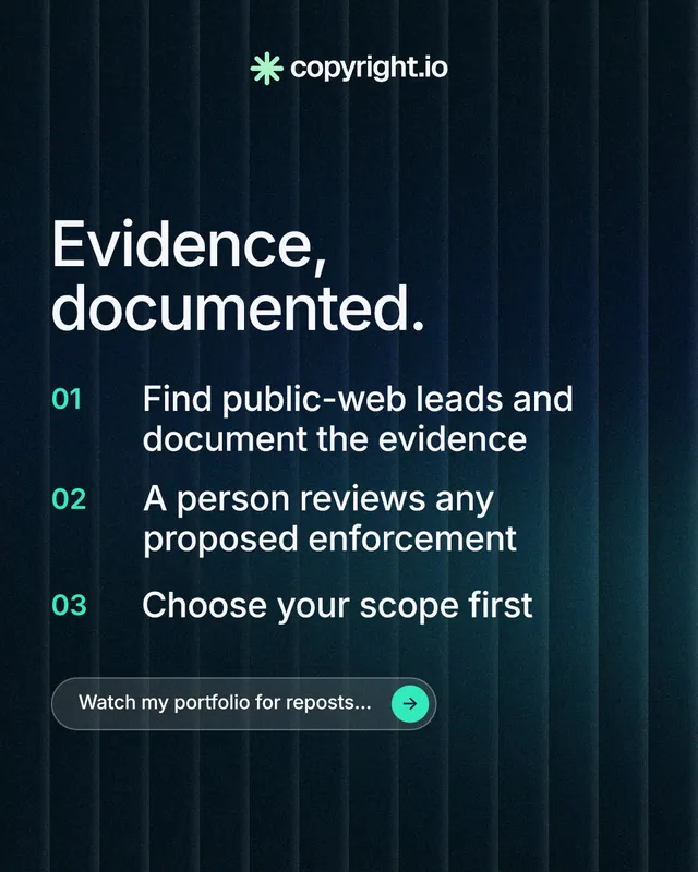 Instagram portrait post for copyright.io: "Evidence, documented." Agentic glass style, numbered layout, dark palette in black, blue.