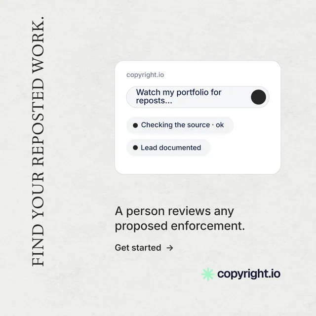 Instagram post for copyright.io: "Find your reposted work." Minimal luxury style, vertical layout, light palette in white, grey.