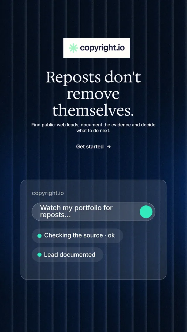 Instagram story for copyright.io: "Reposts don't remove themselves." Minimal luxury style, centred layout, dark palette in black, blue, grey.