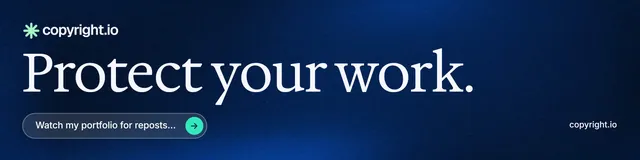 LinkedIn banner for copyright.io: "Protect your work." Agentic glass style, poster layout, dark palette in blue, black.