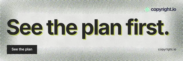 X header for copyright.io: "See the plan first." Swiss style, poster layout, light palette in grey, white.