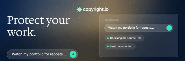 X header for copyright.io: "Protect your work." Agentic glass style, bottom layout, dark palette in black, blue, grey.