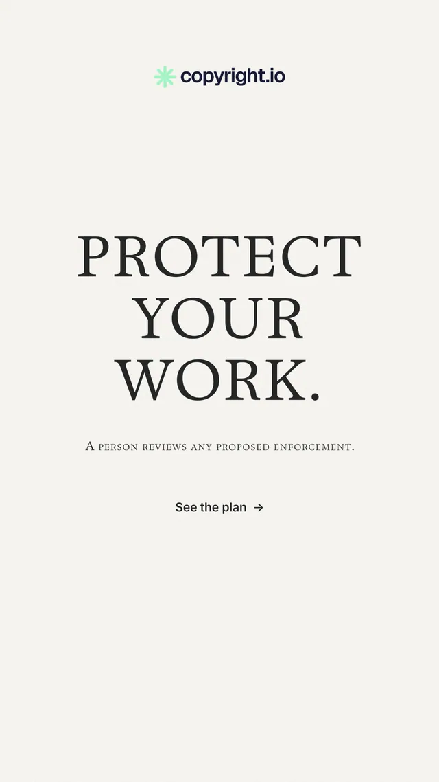Instagram story for copyright.io: "Protect your work." Minimal luxury style, smallcaps layout, light palette in white, grey.