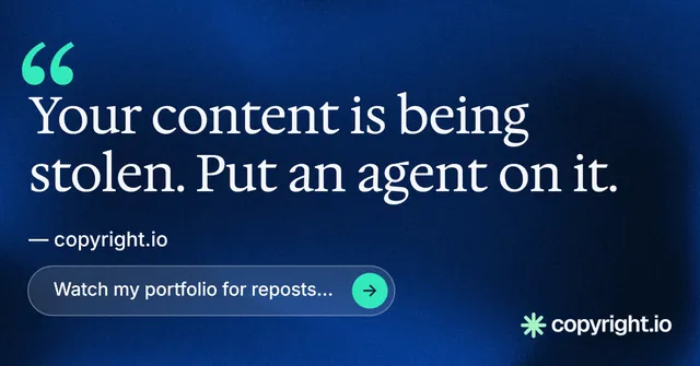 Social ad for copyright.io: "Continuous protection for creators." Agentic glass style, quote layout, dark palette in blue, black.