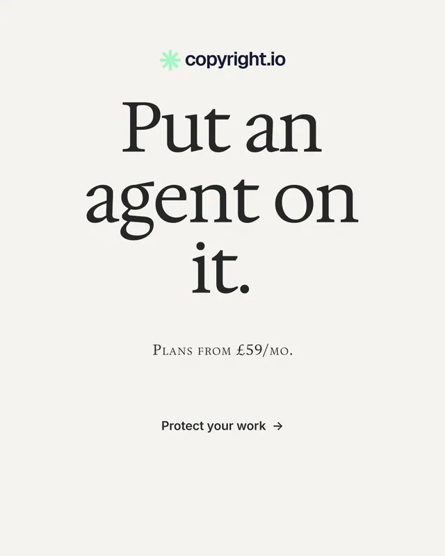 Instagram portrait post for copyright.io: "Put an agent on it." Editorial style, smallcaps layout, light palette in white, grey.