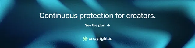 LinkedIn banner for copyright.io: "Continuous protection for creators." Minimal luxury style, skeleton layout, dark palette in blue, black, teal.