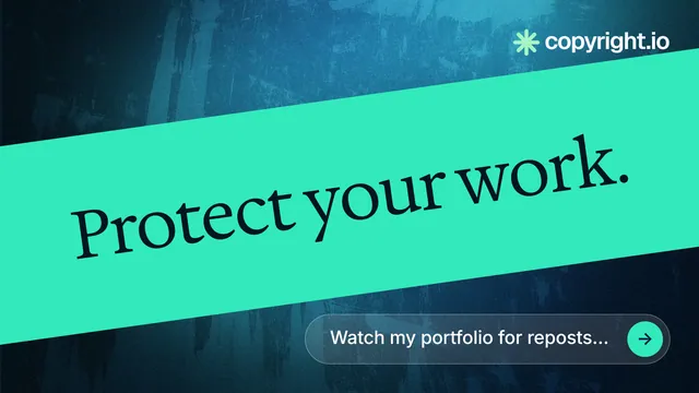 Landscape graphic for copyright.io: "Protect your work." Agentic glass style, diagonal layout, light palette in teal, black.