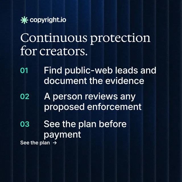 Instagram post for copyright.io: "Continuous protection for creators." Minimal luxury style, numbered layout, dark palette in black, blue.
