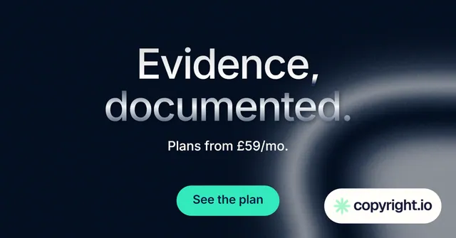 Social ad for copyright.io: "Evidence, documented." Y2K style, centred layout, dark palette in black, grey, blue.