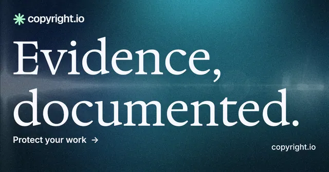Social ad for copyright.io: "Evidence, documented." Minimal luxury style, poster layout, dark palette in blue.