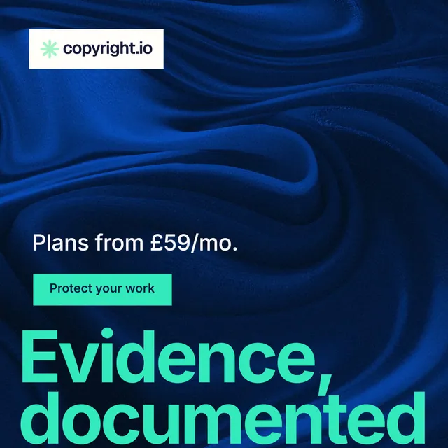 Instagram post for copyright.io: "Evidence, documented." Swiss style, oversized layout, dark palette in blue, black, teal.