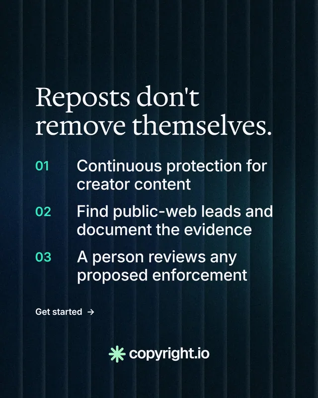 Instagram portrait post for copyright.io: "Reposts don't remove themselves." Minimal luxury style, numbered layout, dark palette in black, blue.