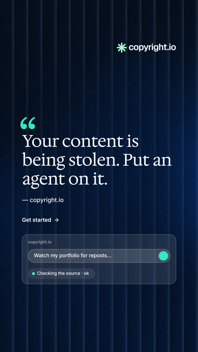 Instagram story for copyright.io: "Find your reposted work." Minimal luxury style, quote layout, dark palette in black, blue.