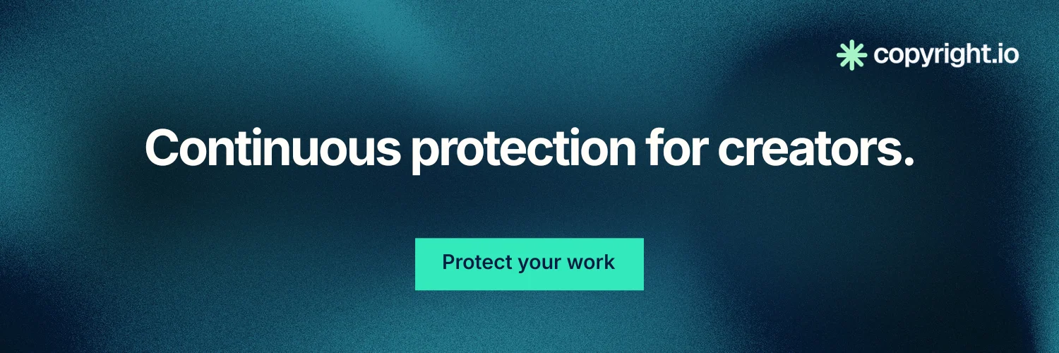 X header for copyright.io: "Continuous protection for creators." Swiss style, centred layout, dark palette in blue, black, teal.