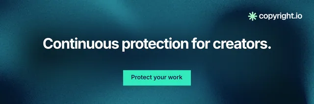 X header for copyright.io: "Continuous protection for creators." Swiss style, centred layout, dark palette in blue, black, teal.