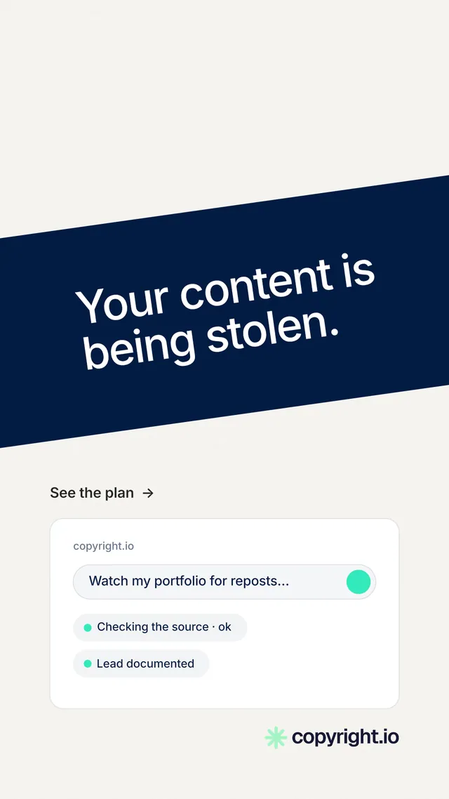 Instagram story for copyright.io: "Your content is being stolen." Minimal luxury style, diagonal layout, light palette in white, blue.