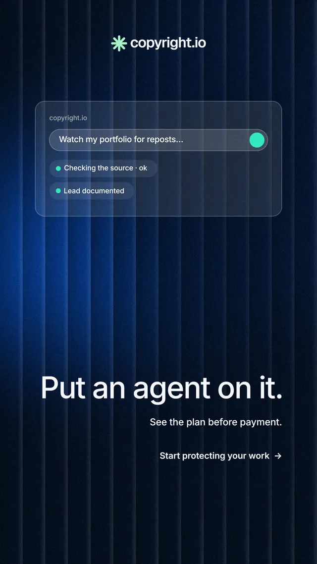Instagram story for copyright.io: "Put an agent on it." Minimal luxury style, right layout, dark palette in black, blue.