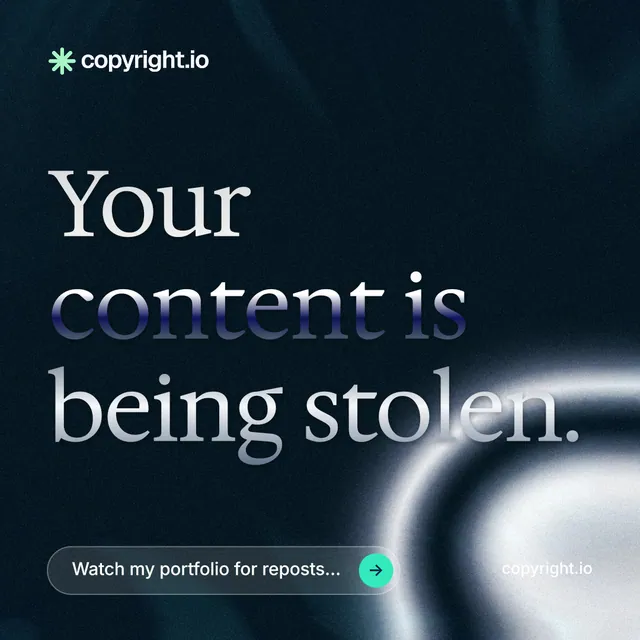 Instagram post for copyright.io: "Your content is being stolen." Agentic glass style, poster layout, dark palette in black, grey.