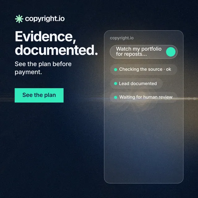 Instagram post for copyright.io: "Evidence, documented." Swiss style, skeleton layout, dark palette in black, blue, grey.