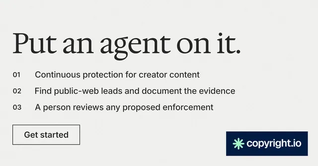 Social ad for copyright.io: "Put an agent on it." Editorial style, numbered layout, light palette in white, grey.