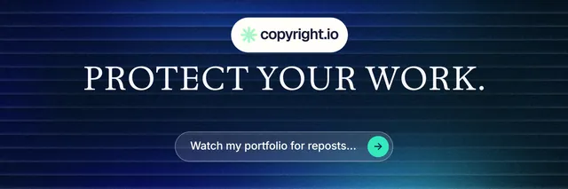 X header for copyright.io: "Protect your work." Agentic glass style, centred layout, dark palette in blue, black.