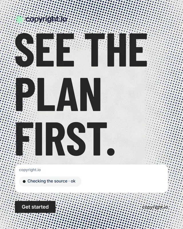 Instagram portrait post for copyright.io: "See the plan first." Retro print style, poster layout, light palette in grey, white.