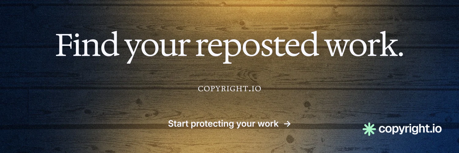 X header for copyright.io: "Find your reposted work." Minimal luxury style, smallcaps layout, dark palette in black, orange, brown.