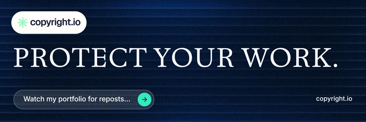 X header for copyright.io: "Protect your work." Agentic glass style, poster layout, dark palette in black, blue, grey.
