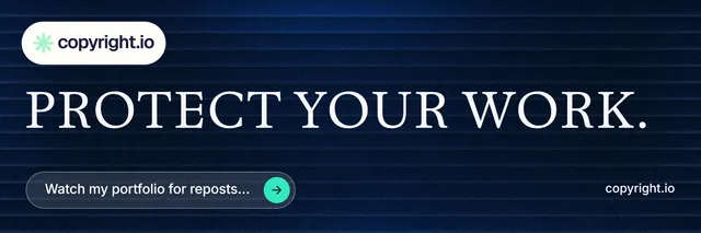X header for copyright.io: "Protect your work." Agentic glass style, poster layout, dark palette in black, blue, grey.