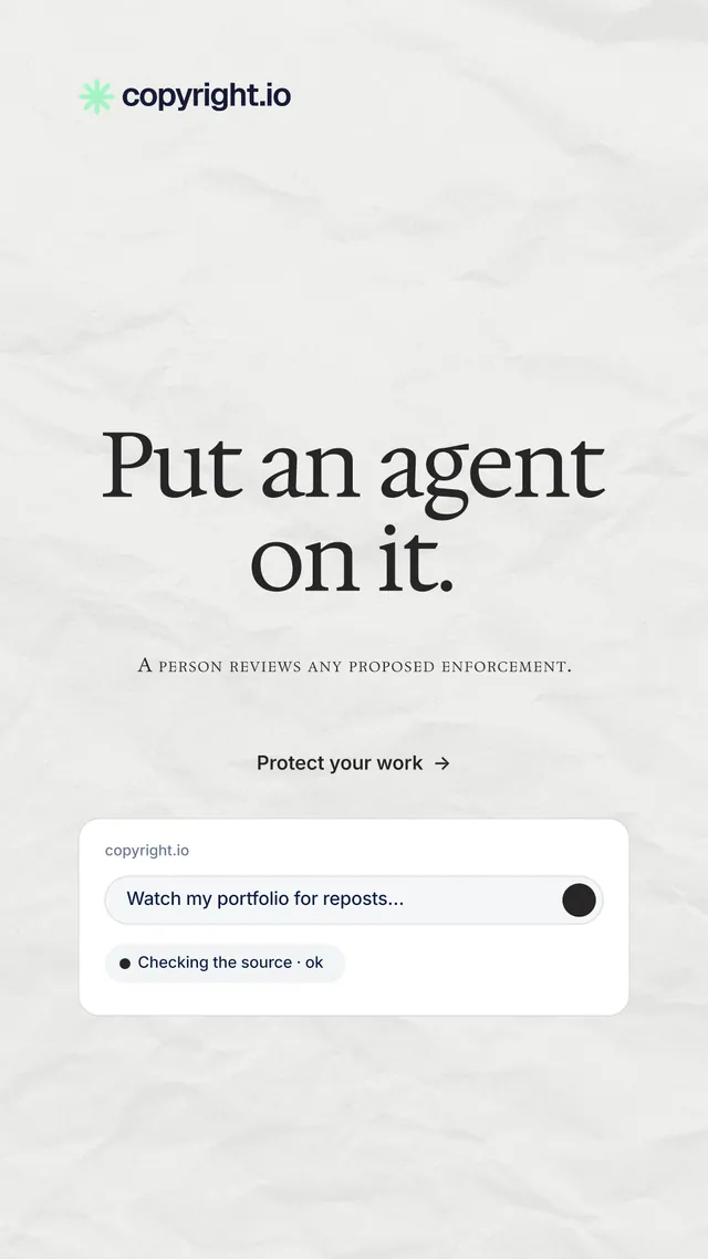 Instagram story for copyright.io: "Put an agent on it." Editorial style, smallcaps layout, light palette in white.