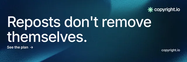 X header for copyright.io: "Reposts don't remove themselves." Minimal luxury style, poster layout, dark palette in blue, black.