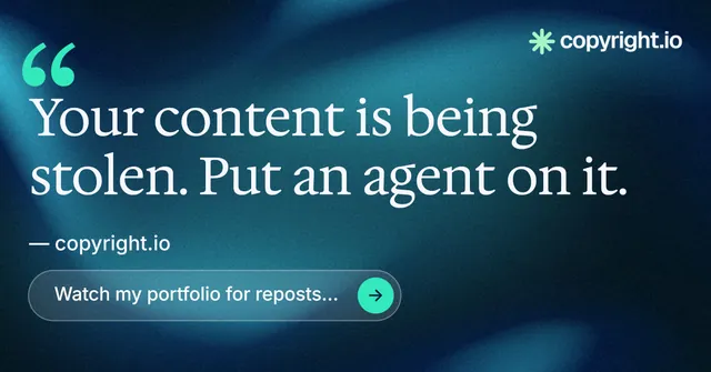 Social ad for copyright.io: "Continuous protection for creators." Agentic glass style, quote layout, dark palette in blue, black, teal.
