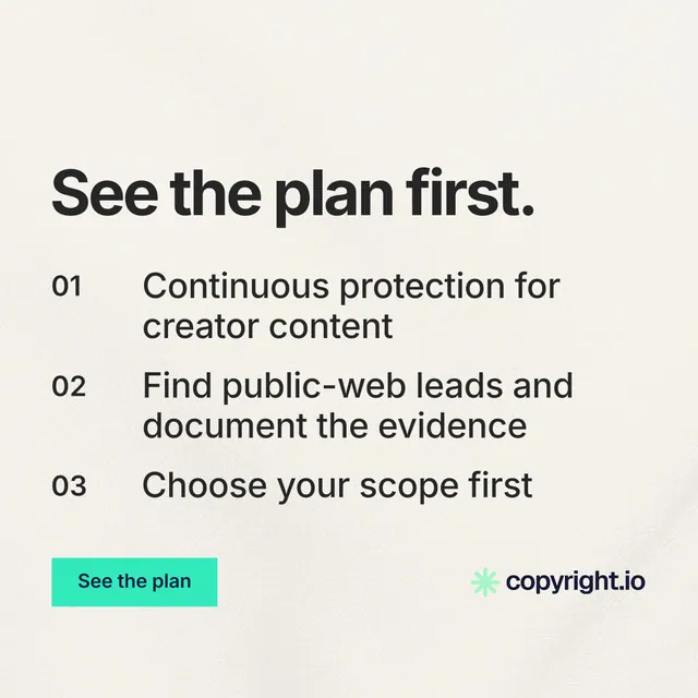 Instagram post for copyright.io: "See the plan first." Swiss style, numbered layout, light palette in white, grey, yellow.