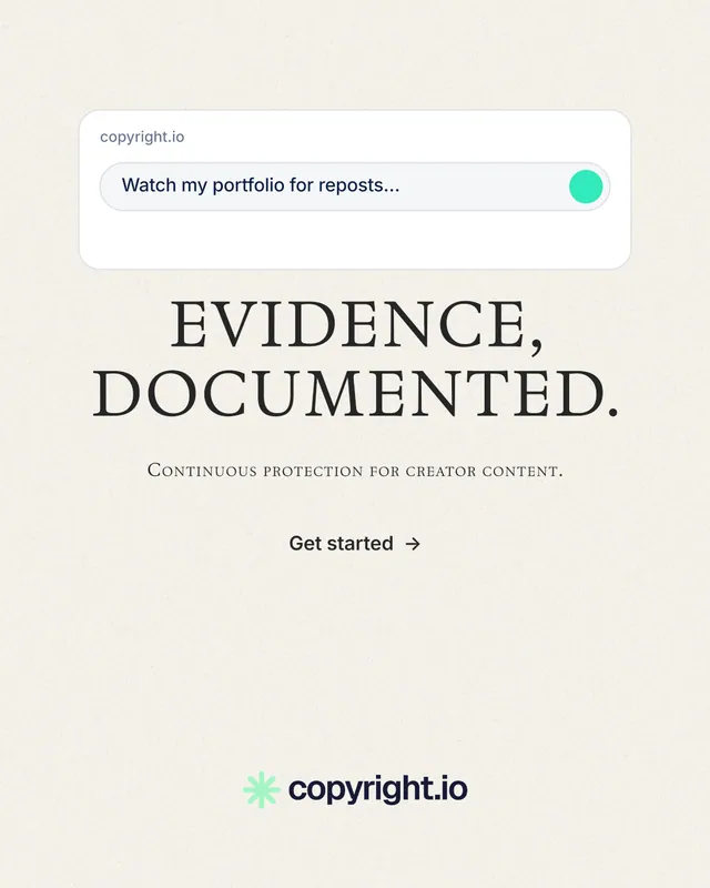 Instagram portrait post for copyright.io: "Evidence, documented." Minimal luxury style, smallcaps layout, light palette in white, grey.