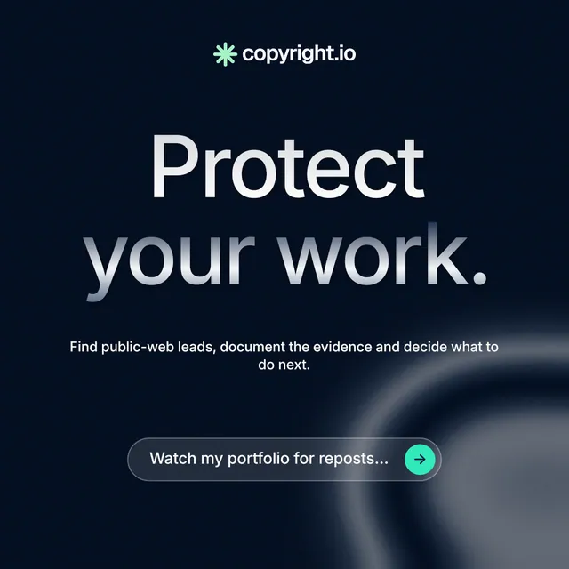 Instagram post for copyright.io: "Protect your work." Agentic glass style, centred layout, dark palette in black, blue.