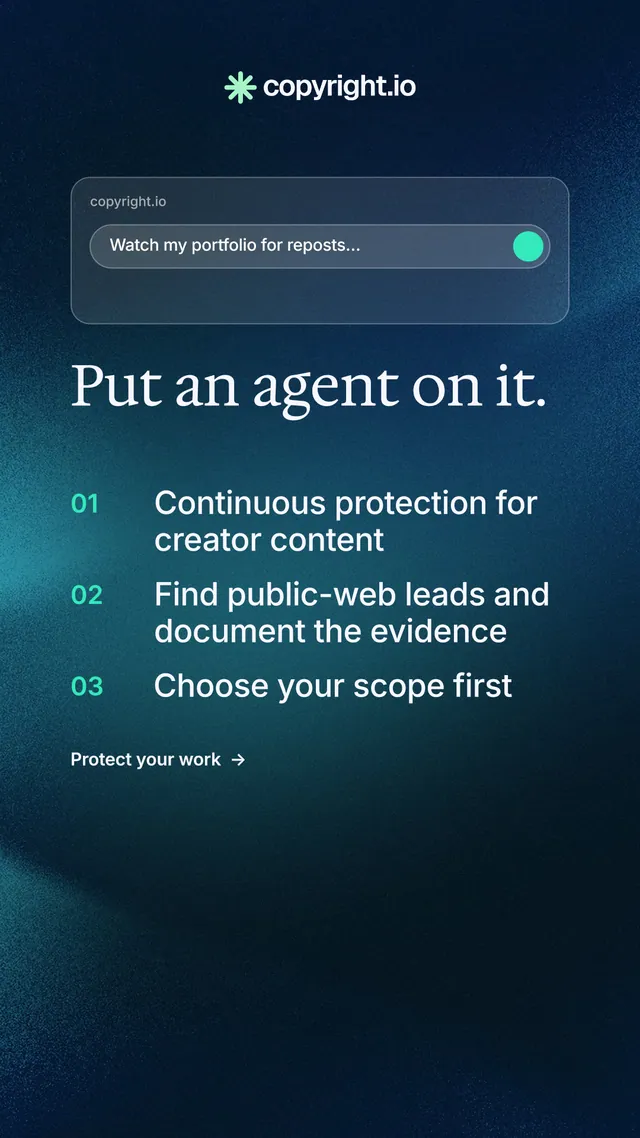 Instagram story for copyright.io: "Put an agent on it." Minimal luxury style, numbered layout, dark palette in blue, black.
