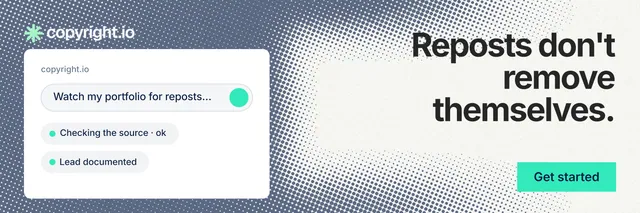 X header for copyright.io: "Reposts don't remove themselves." Swiss style, right layout, light palette in white, grey.